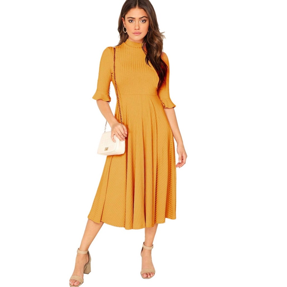 Verdusa Ribbed Knit Bell Sleeve Fit and Flare Midi Dress